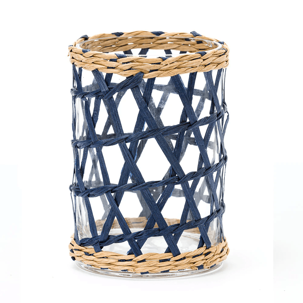 Medium navy blue rattan lantern with glass cylinder.