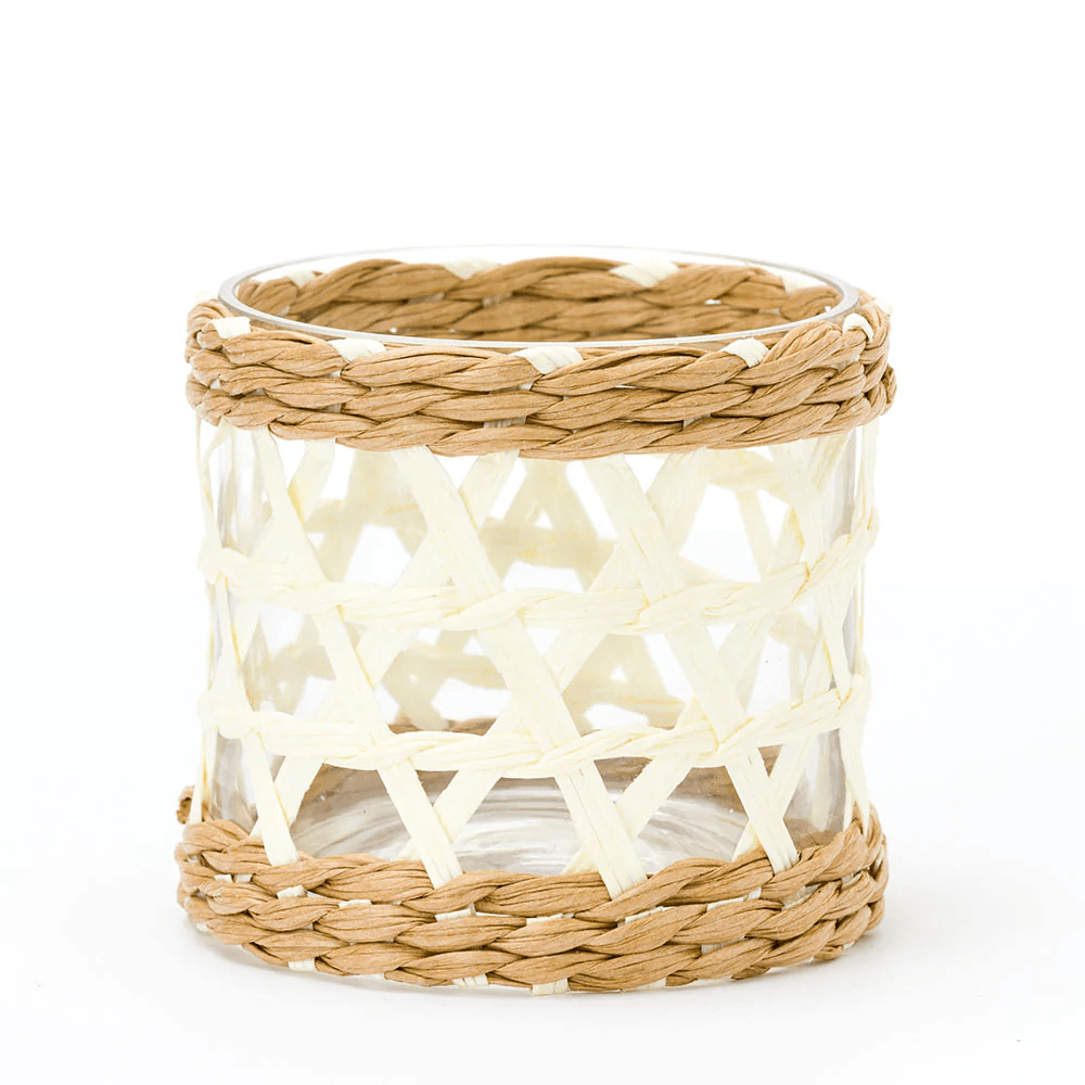 Small white woven hurricane lantern.