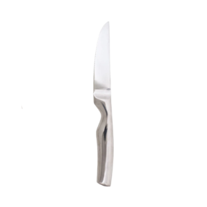 Serrated steak knife with black ergonomic handle.