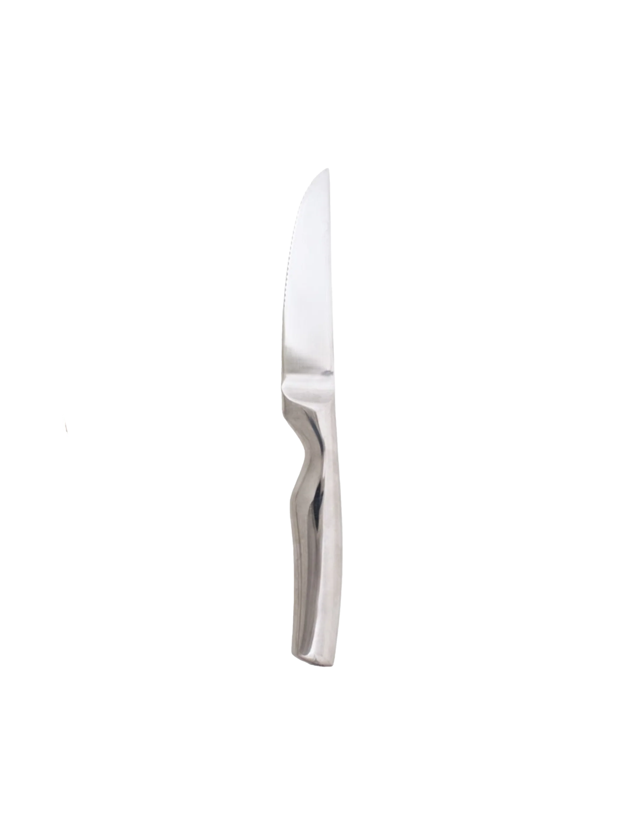 Serrated steak knife with black ergonomic handle.