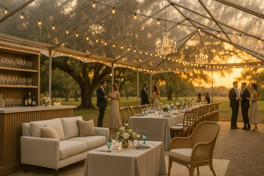 Event populated with event rentals from Cheers Event Rentals - AI generated